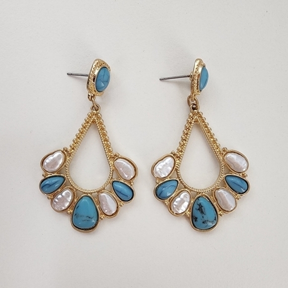 NEW Teardrop t Turquoise Stone Pearl Embellished Dangle Earrings - Picture 3 of 6